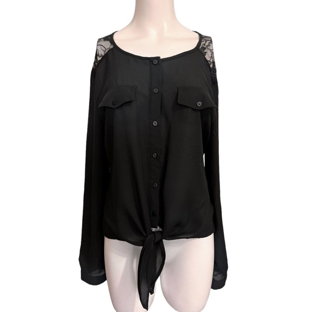 BONGO Black Lace Shoulder Button-Down Tie Front Blouse